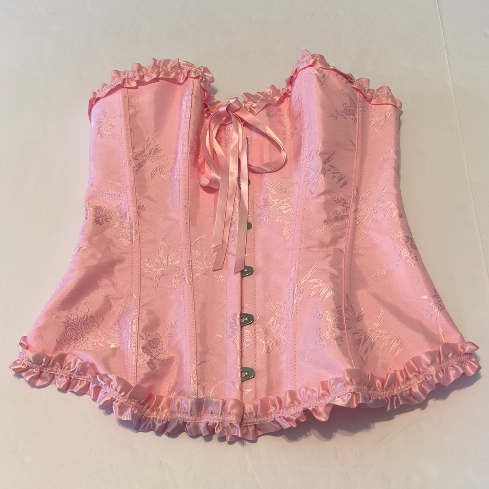 Pink Floral Brocade Corset‎ Top Lace Up Ruffle Bustier Medium Fairycore Girly